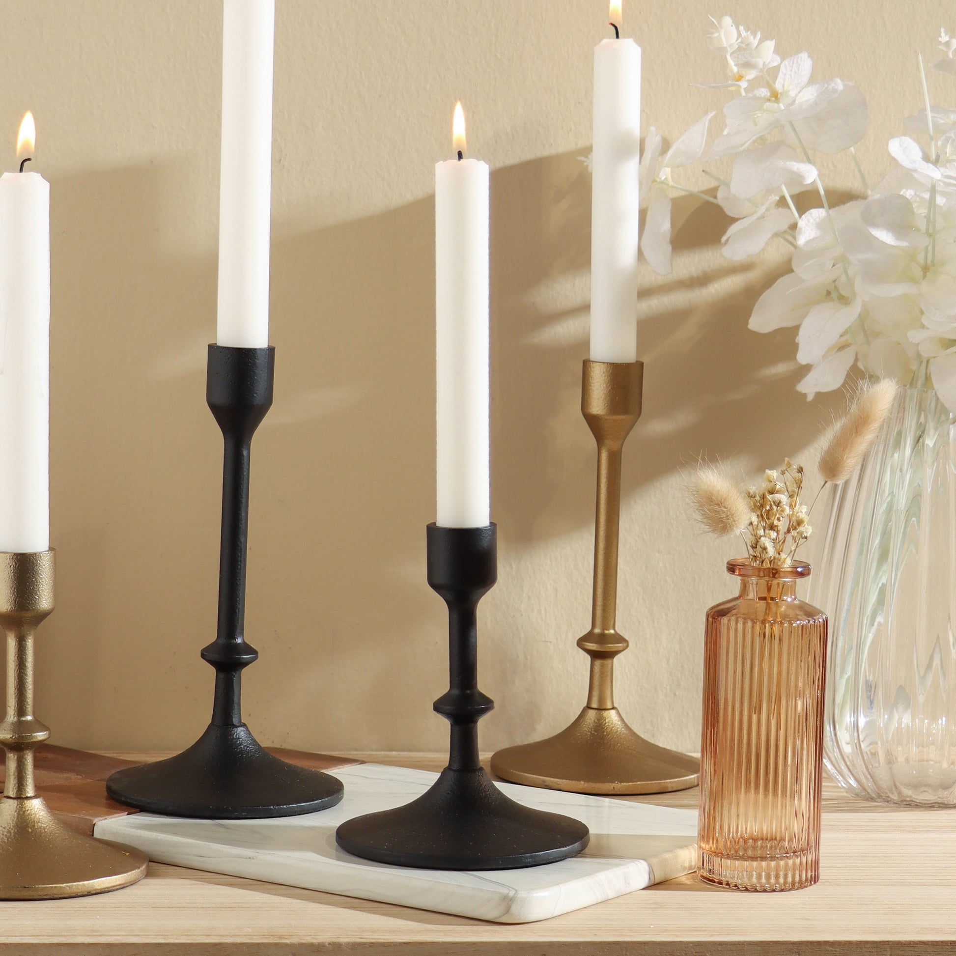 Gold Cast Iron Metal Taper Candle Holder, 7.8", Large