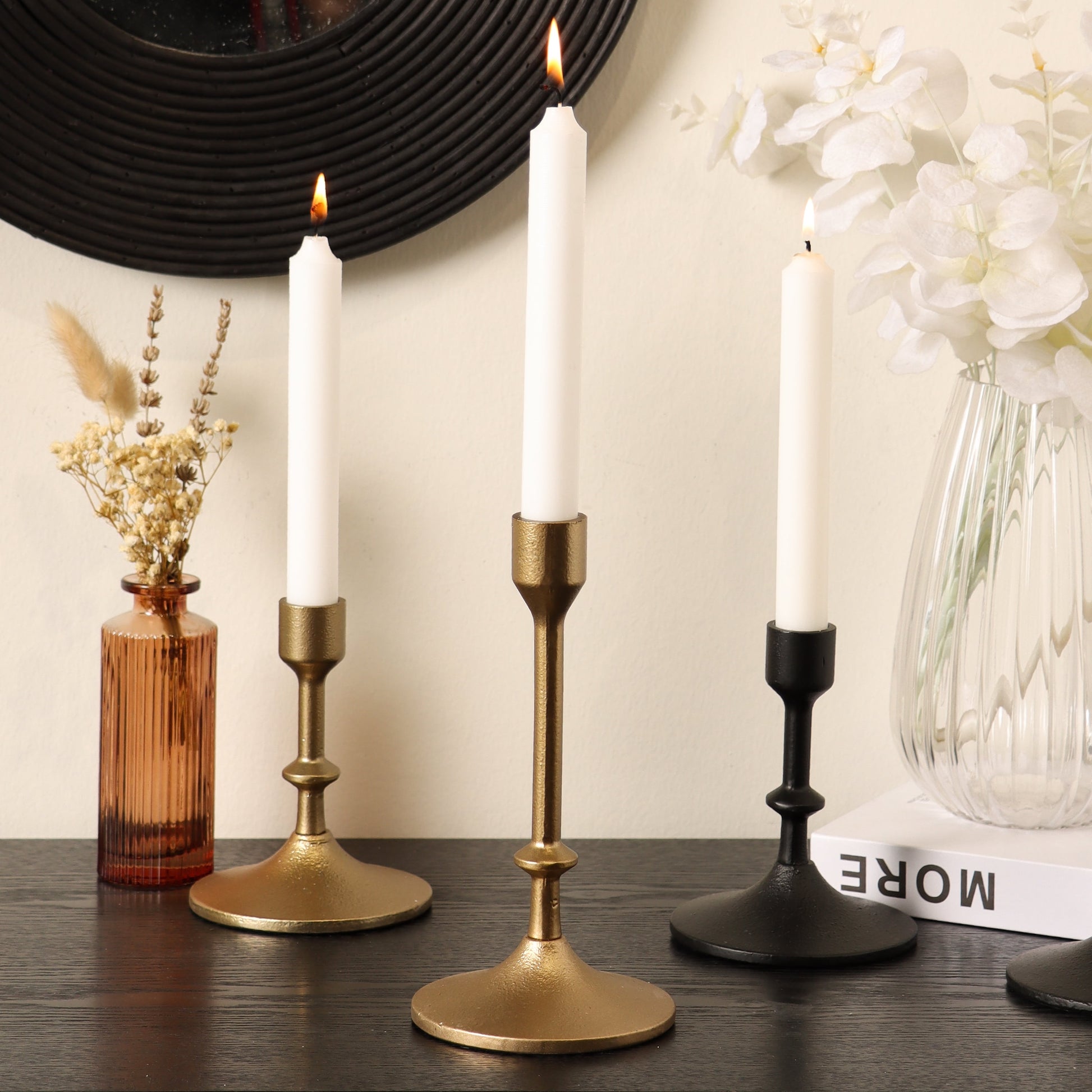 Gold Cast Iron Metal Taper Candle Holder, 7.8", Large