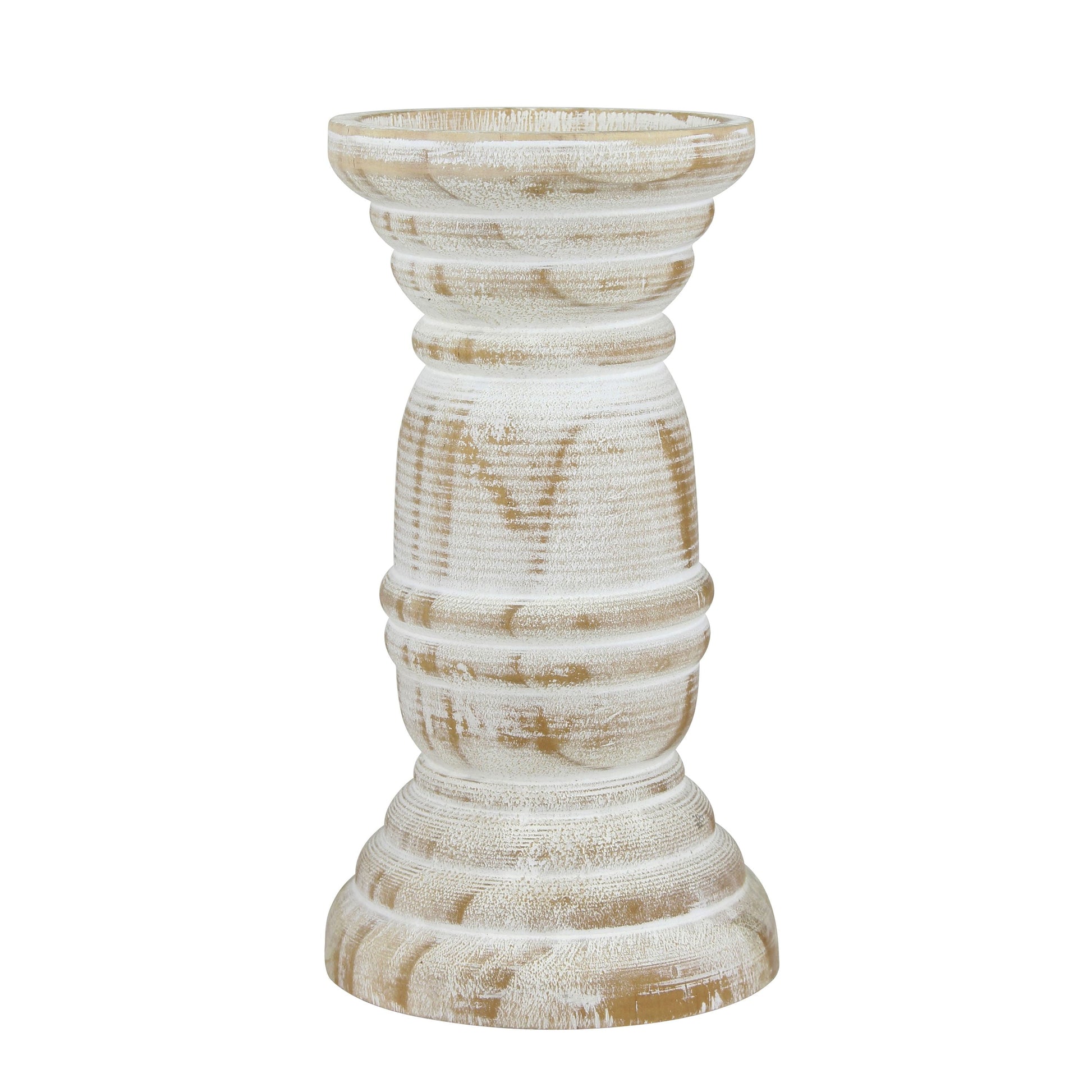 Stonebriar Tabletop 6" Coastal Wood Pillar Candle Holder, Off-White