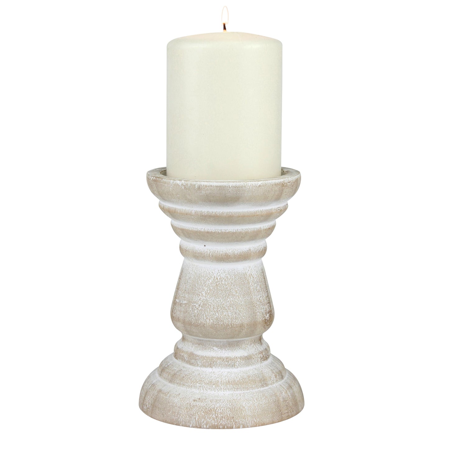 Stonebriar Tabletop 6" Coastal Wood Pillar Candle Holder, Off-White